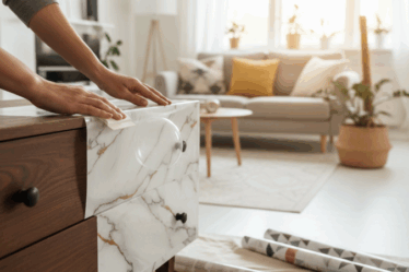 Covering meuble : Pose d'un film adhésif effet marbre sur un meuble en bois