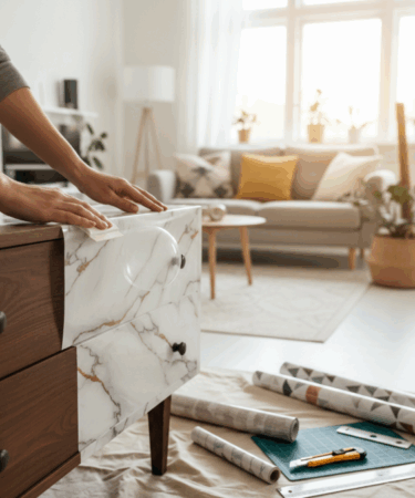 Covering meuble : Pose d'un film adhésif effet marbre sur un meuble en bois