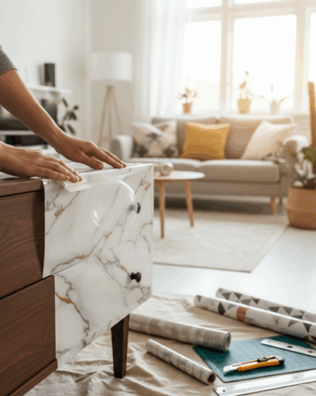 Covering meuble : Pose d'un film adhésif effet marbre sur un meuble en bois
