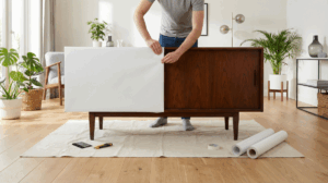 Rénovation d'un buffet ancien en bois à l'aide d'un covering de meuble adhésif blanc mat dans un salon lumineux.