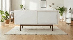 Résultat final rénovation buffet avec covering blanc mat, décoration moderne et lumineuse dans un salon.