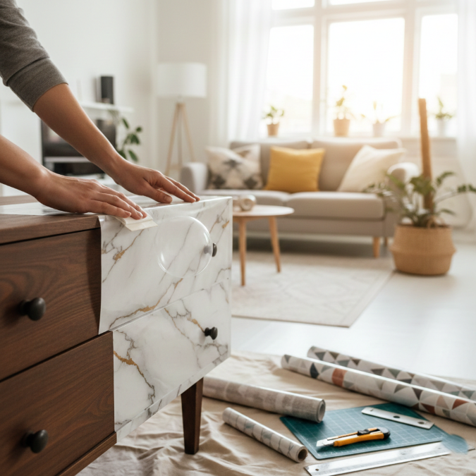 Covering meuble : Pose d'un film adhésif effet marbre sur un meuble en bois